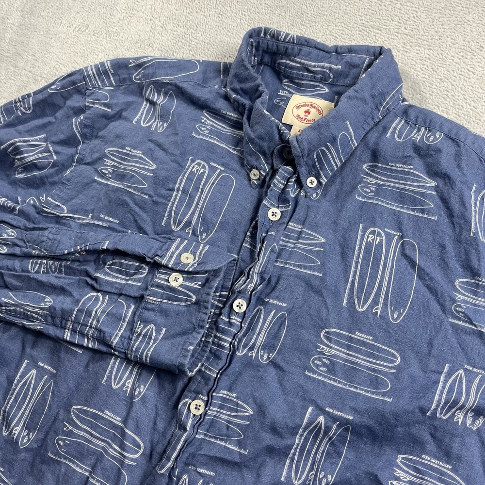 Brooks Brothers Men Linen Blend Button Up Shirt XL Blue Surfboard AOP Print